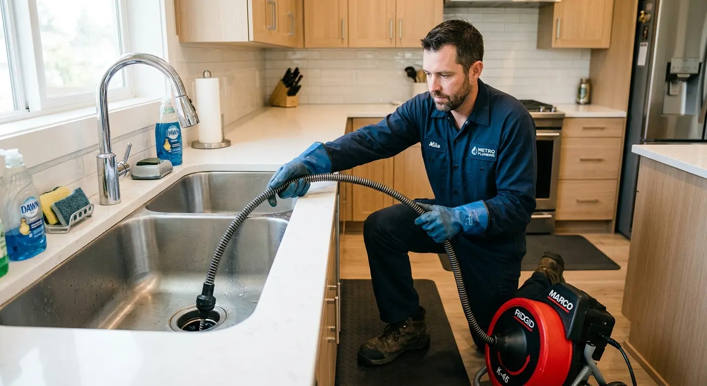 Drain cleaning technician using a motorized snake on a kitchen sink in Quakertown