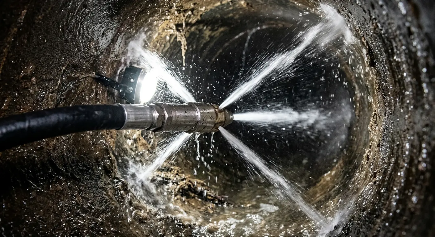 High-pressure hydro jetting nozzle cleaning sewer pipe for Emergency Drain Service in Quakertown