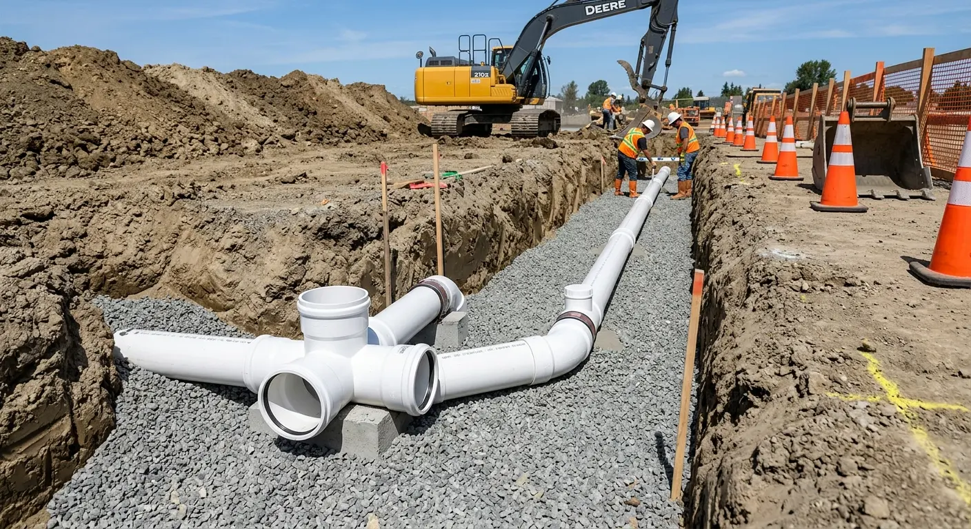 New PVC sewer pipe installation in open trench for Sewer Backup in Quakertown
