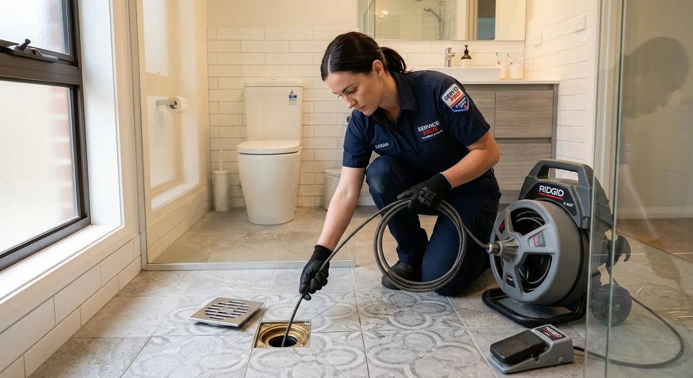 Technician clearing a bathroom floor drain for Drain Cleaning in Quakertown